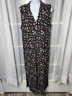 J JILL Wearever Maxi Dress L Sleeveless Black Floral Stretch Jersey Comfort